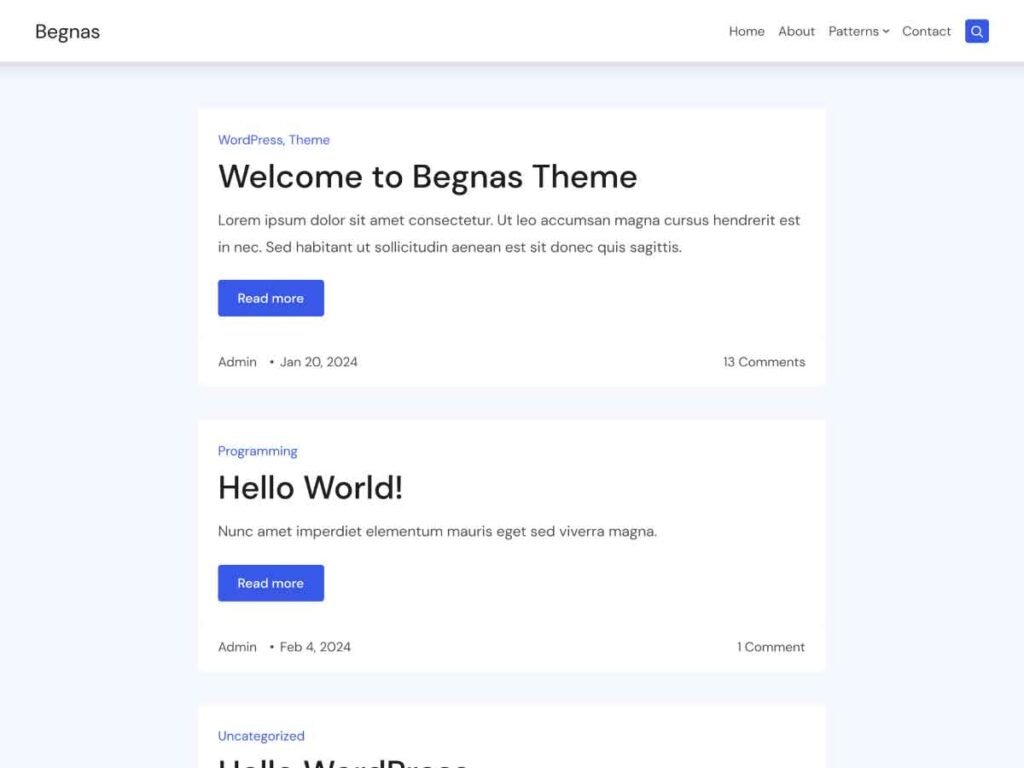 Begnas theme default homepage with latest blog posts