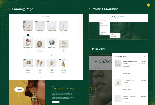 Tishaa with elegant landing page, intuitive navigation and mini-cart