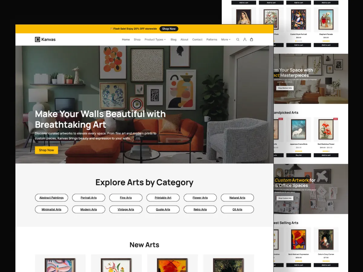 kanvas theme best online store for Arts, paintings, printable product, illustration, digital product, etc.