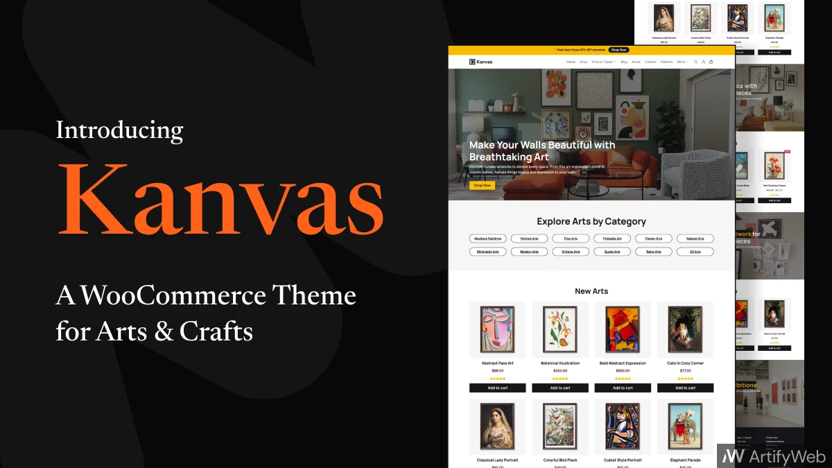 Kanvas Theme WooCommerce WordPress theme showcasing modern arts, crafts, handmade products, paintings, illustrations, and digital goods store layout