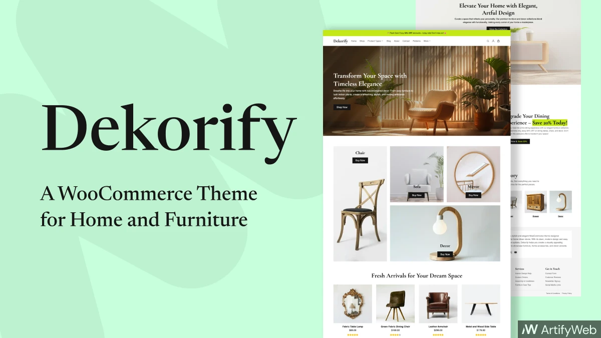 Dekorify WooCommerce WordPress theme homepage showcasing modern home décor and furniture store layout