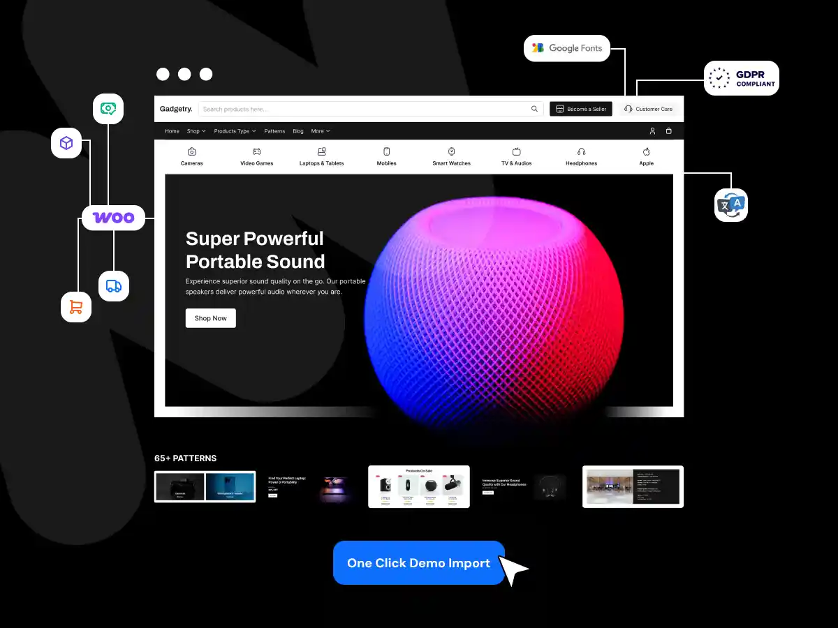 Gadgetry - WooCommerce theme's key features: demo import, FSE, block patterns, GDPR, translation ready