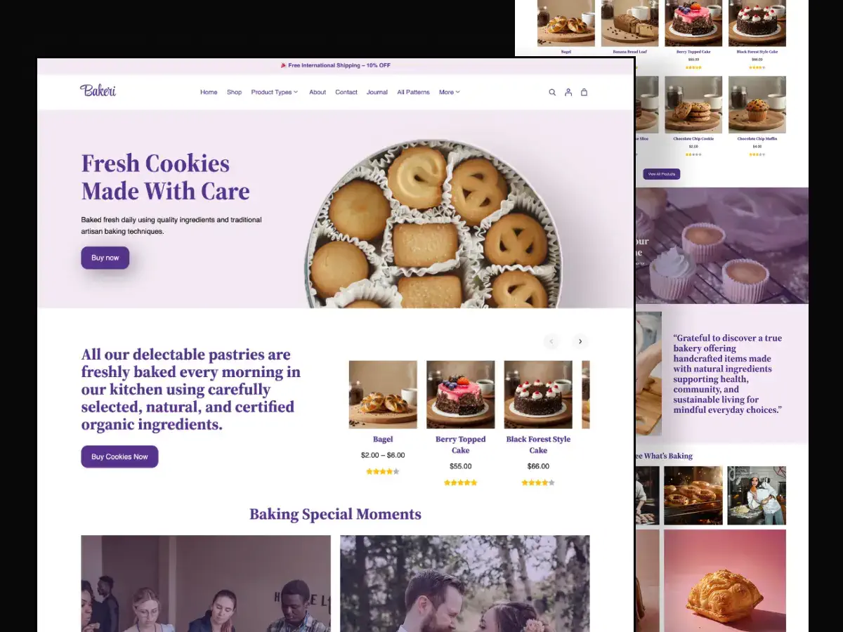 Bakeri bakery theme homepage showcasing bread, pastries, cakes, dairy and beverages