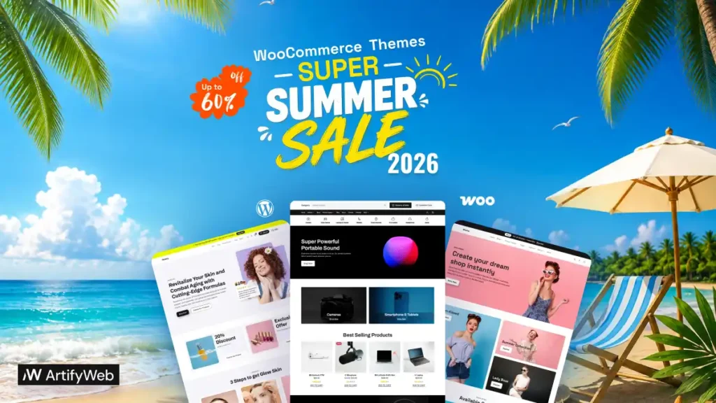 ArtifyWeb WooCommerce themes summer sale 2026 banner offering up to 60 percent discount on FSE block themes